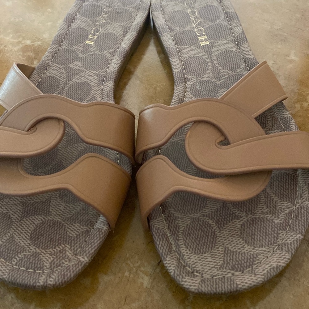 Coach Tan Leather Slide Sandals. 4 years young. Need more support in my shoes.